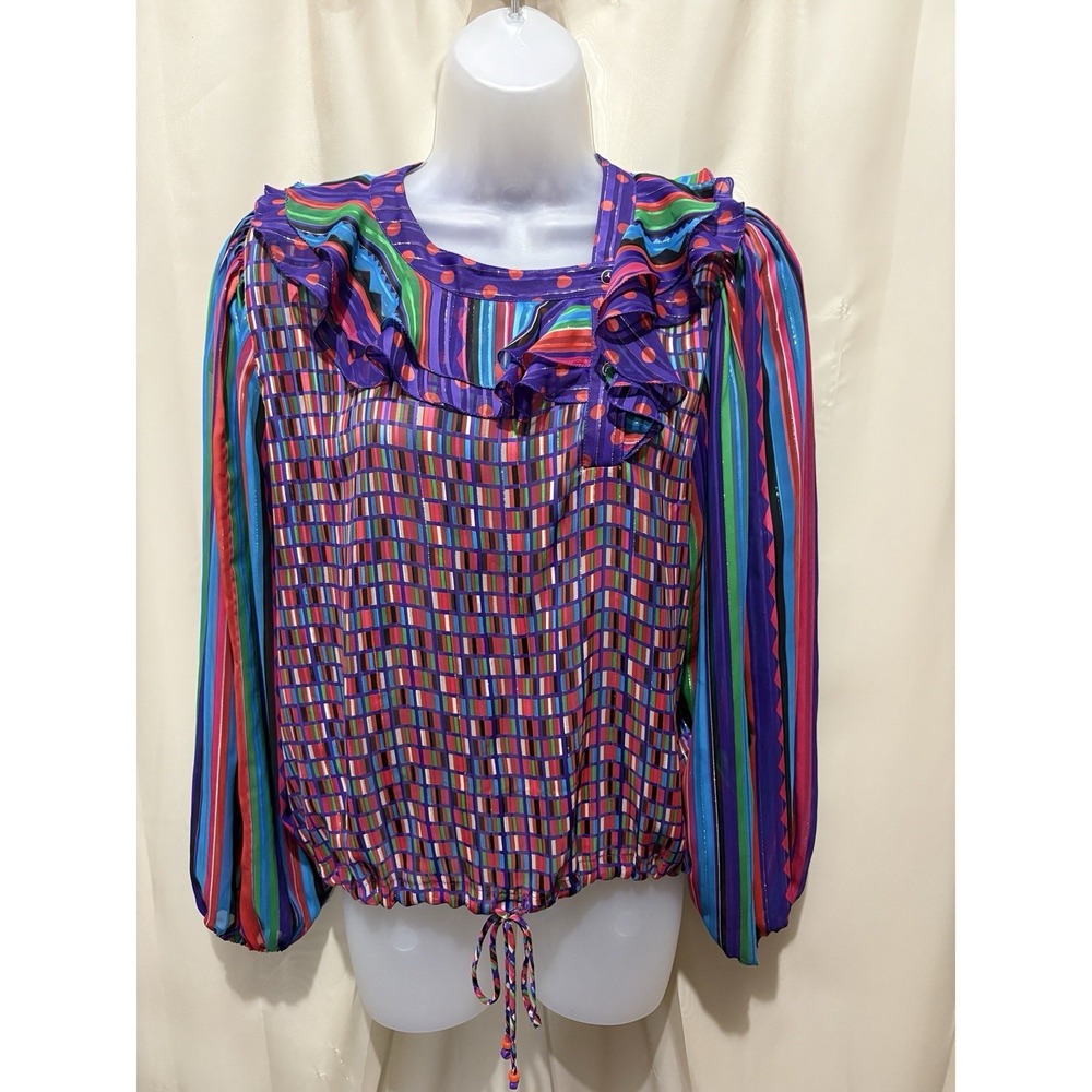 Vintage 80s Diane Freis Blouse Bold Print Poly Georgette Colorful Medium